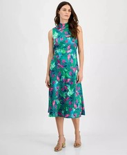 Tahari ASL Midi Dress Women's Jade Rose Print Lined Sleeveless Mock Neck, sz 16