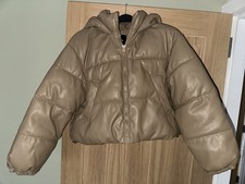 Pull&Bear cropped faux leather puffer jacket with a hood in beige