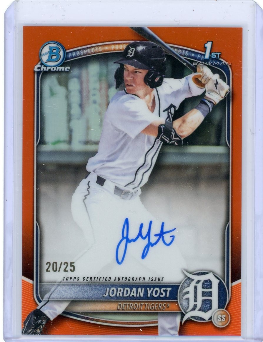 2025 Bowman Draft Jordan Yost 1st Chrome Orange Refractor Auto /25 Tigers