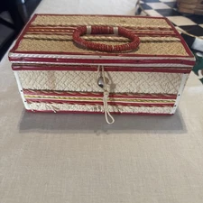 Vintage Small Mid Century WW2 Sewing Basket Woven Wicker Straw