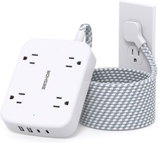 10FT Surge Protector Power Strip, Flat Extension Cord with 2 USB 10FT, White