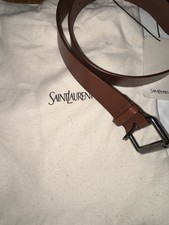 Saint Laurent YSL Brown Leather Belt Brass Buckle With Tag