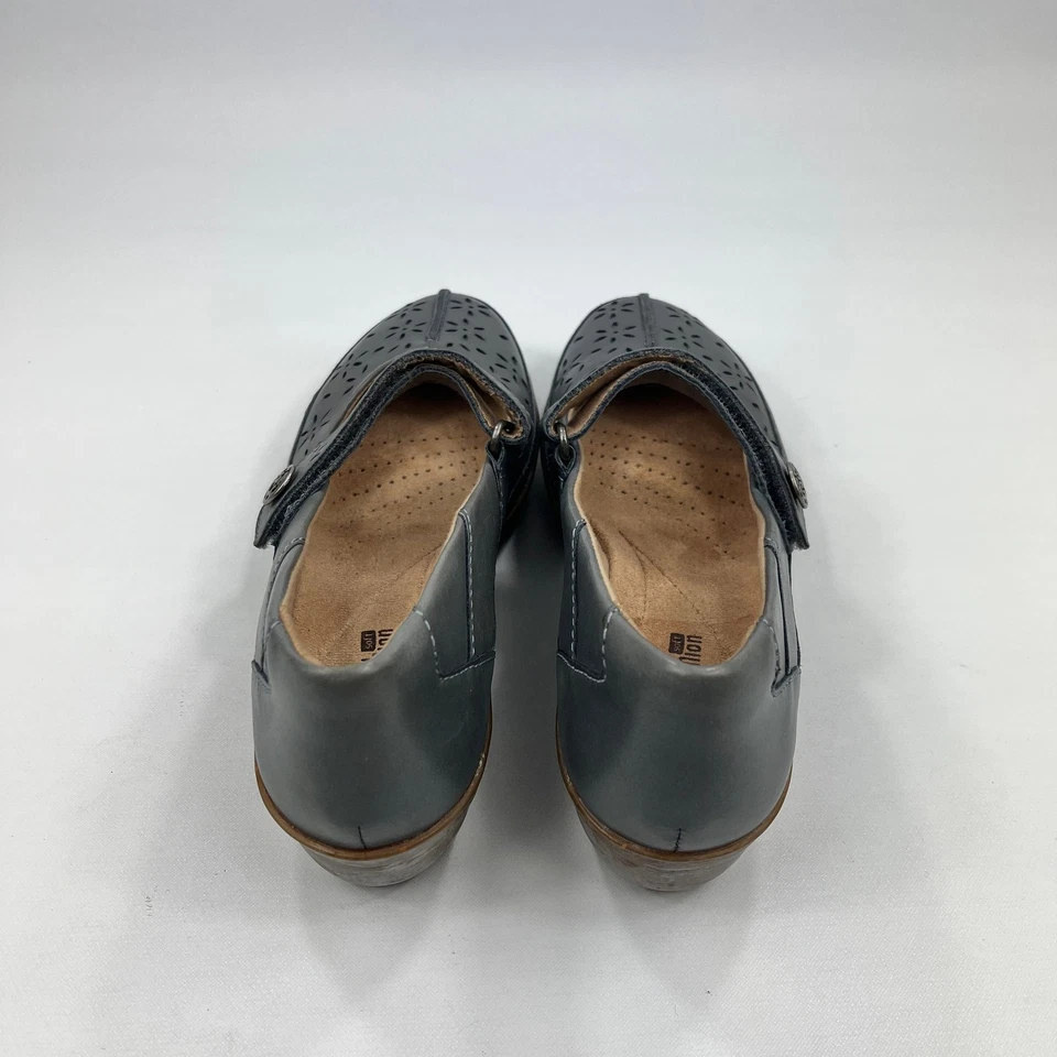 Clarks Womens Grey Leather Mary Jane Comfort Shoes UK 3 Flower Cutout Wedge Heel - Image 2 of 4