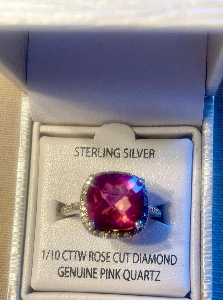 Pendientes colgantes y anillo de plata de ley de cuarzo rosa genuino y diamantes ~ ¡NUEVO EN CAJA! Foto 4 de 4