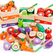 Wooden Play Food for Toddlers, Color Food Groups, Fruit  Veggies Cutting Set, P