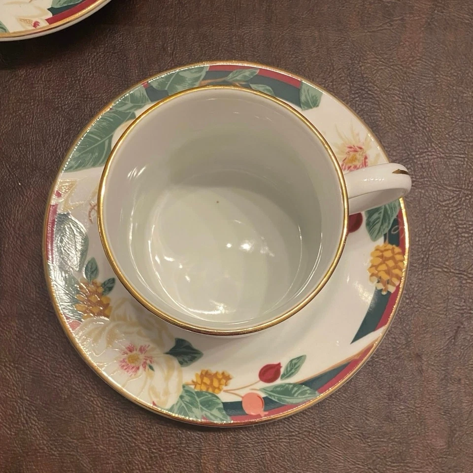 Juego de 3 tazas de té y platillos florales de magnolia fina de China Tienshan con adornos dorados vintage Foto 3 de 4