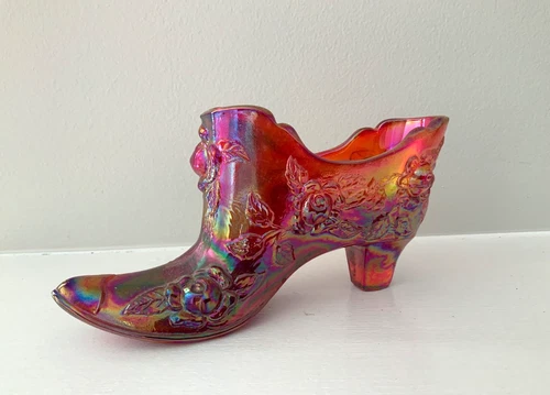 Vintage FENTON Glass RED Amberina Iridescent CABBAGE ROSE Glass SHOE Slipper