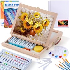 Wooden Tabletop Art Easel Set for Painting, 54 Pieces Starter Acrylic Paint S...