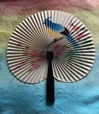 vintage Oriental BIRD folding paper HAND FAN - Metal Latch Handle