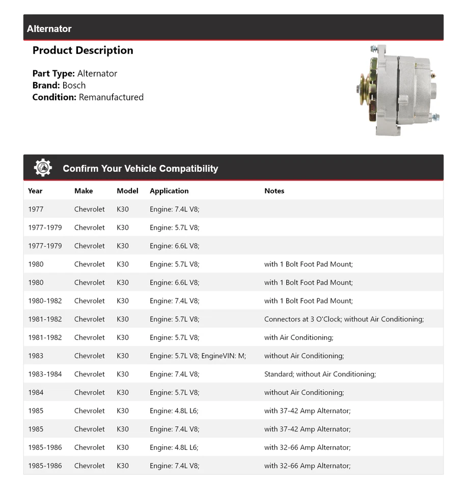 For 1977-1986 Chevrolet K30 Bosch Alternator (Remanufactured) 1978 1979 1980 - Image 2 of 4