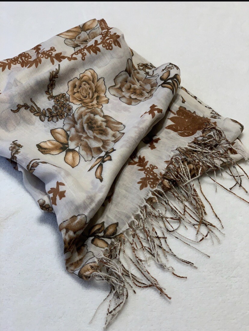 Grey Floral Print Cotton Hijab Scarf Shawl with Flower Design for Women