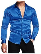   Hombres Moda Sedoso Lujo Manga Larga Azul Bot n Abajo Camisa Vestir Ultra Suave