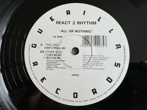 React 2 Rhythm - All Or Nothing 12" 1992 EX Vinyl Danny Tenaglia Guerilla GRRR35 - Picture 2 of 3