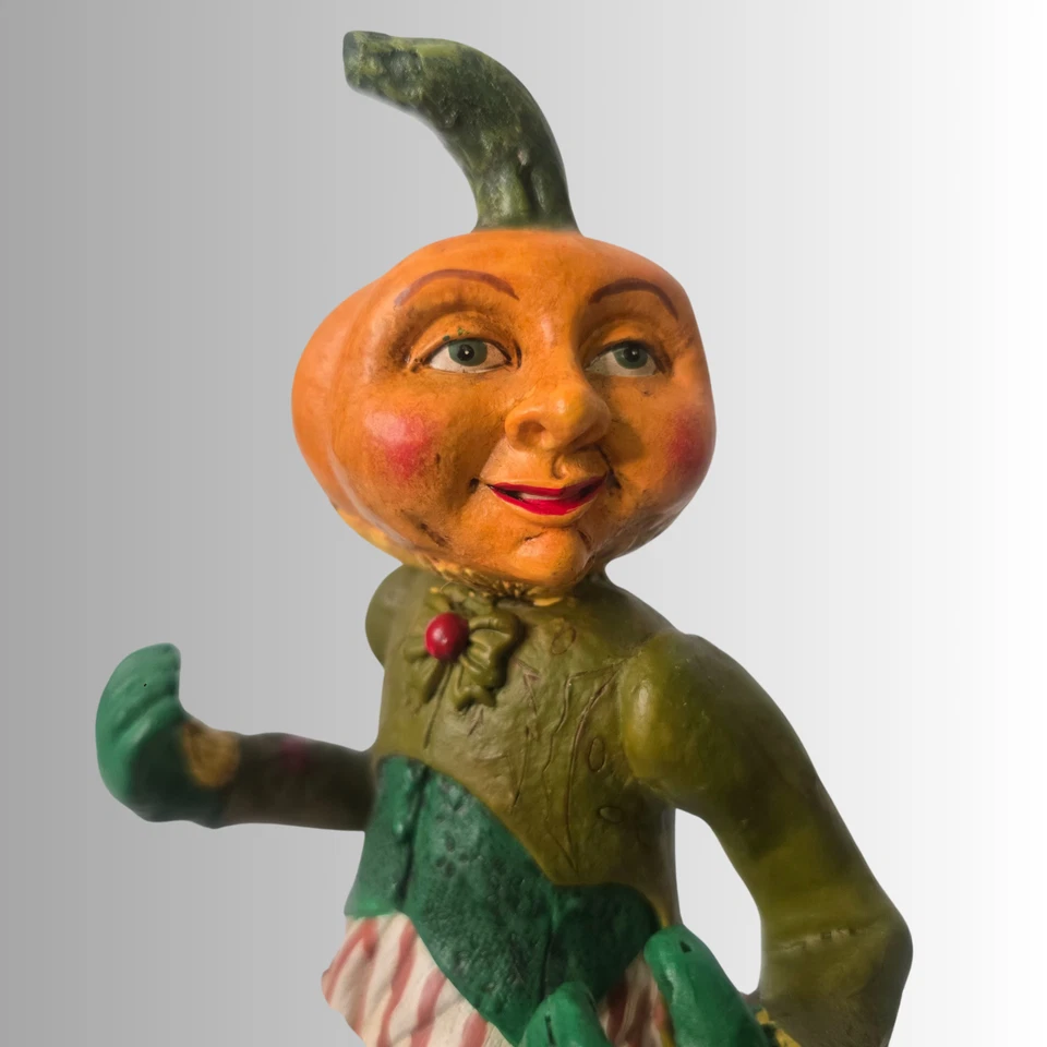 Whimsical Paul Gordon Pumpkinhead Figurine on Crow–11.5" Estate Folk Art Decor  - Image 2 of 4