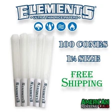 ELEMENTS CONES 1 1/4 SIZE 100 PACK UNBLEACHED CIGARETTE PAPERS~CRUSH PROF BOX