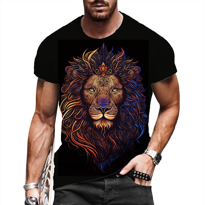 Camiseta Hombre Moda Rey León Gráfico Colorido Manga Corta Negra Suave Sedosa