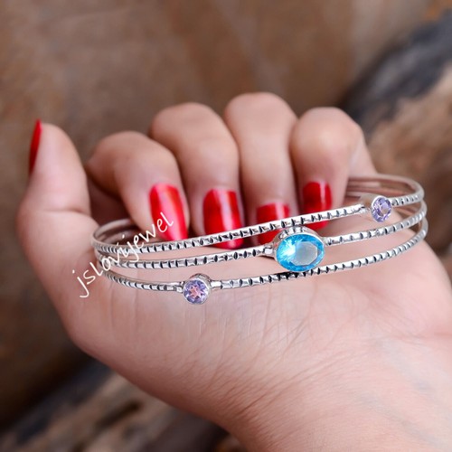 Bracelet 2 Rangs En Argent Sterling Avec Tanzanite Et Topaze Bleue - 7.5 Pouces, Pierres 5.28 Carats