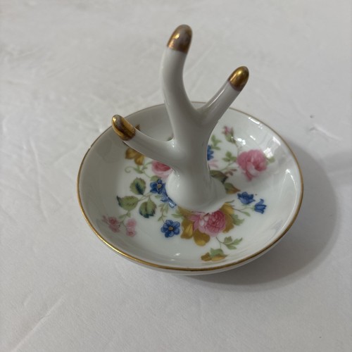 Vintage Porcelain Pink and Blue Floral Ring Jewelry Holder Gold Trim 3” Tall - Picture 3 of 5