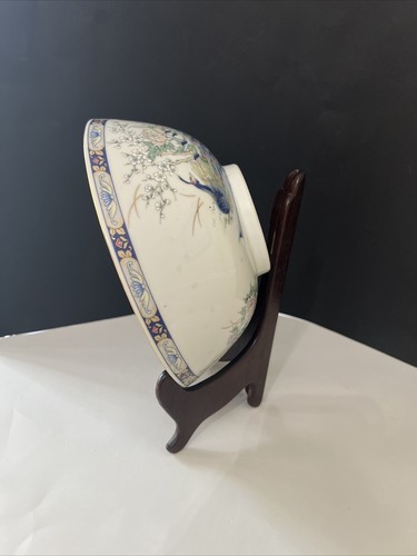 Vtg TOYO JAPAN Large 8’ Round CENTERPIECE Peacock BOWL Blue Gold Asian - Picture 10 of 24