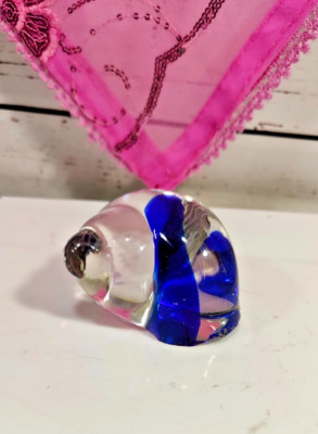 Hand Blown Art Glass Snail Shell Clear Paperweight Cobalt Blue Center 2''x 3'' x3''