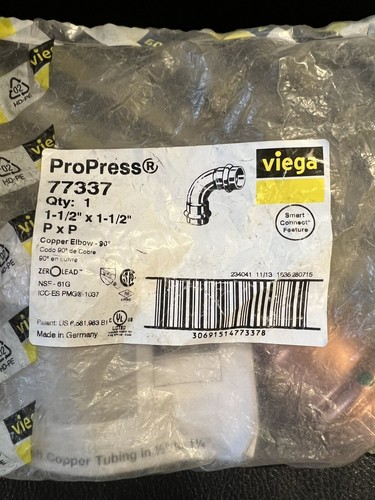 VIEGA PROPRESS 77337 ProPress 90 Elbow, 1-1/2" x 1-1/2" Copper Fitting