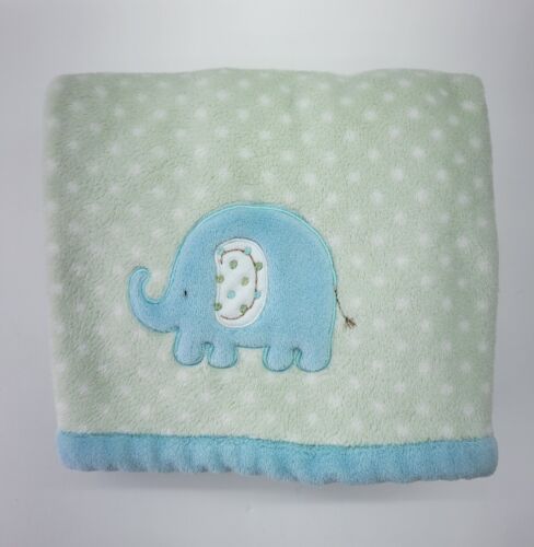 Carters Baby Blanket Elephant Green Polka Dots Blue Trim Security Soft Fleece