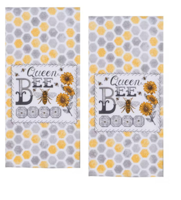 2 QUEEN BEE Yellow Gray Dual Purpose Kitchen Towels Flat Weave Front, Terry Back