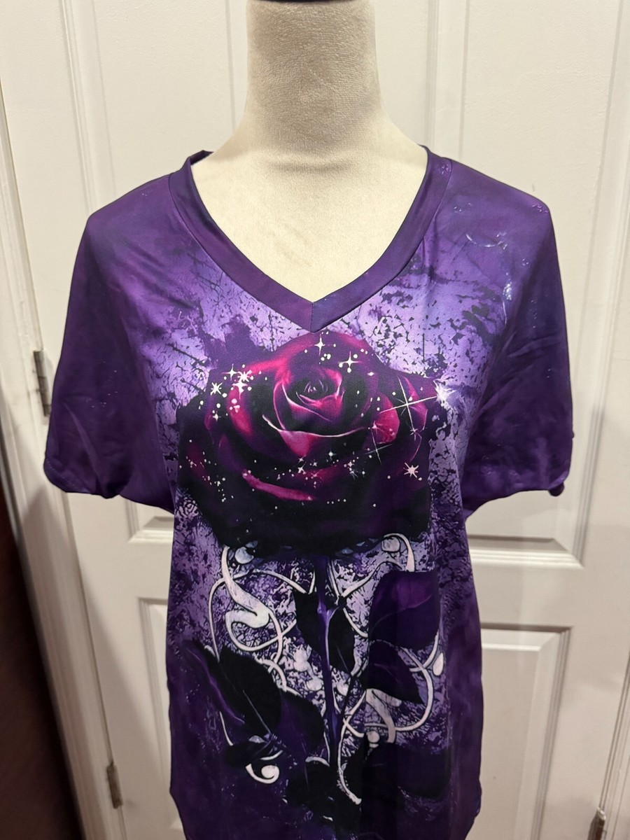 Women Top Shirt Purple Rose Graphic Sz L 25