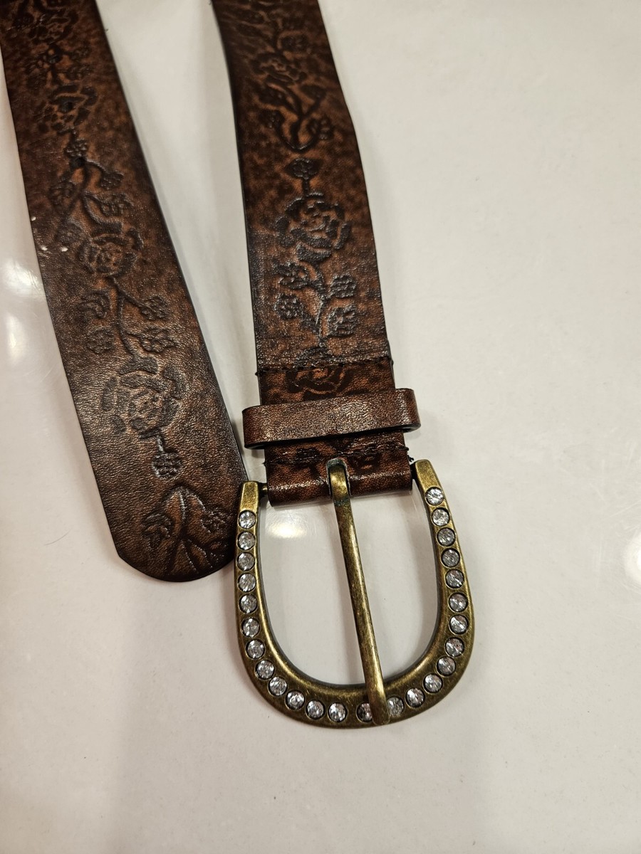 Brown Leather Belt Floral Ingraved Gold Rhinestone Buckle  display picture 1