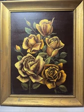 Mid Century Rose Oil Painting Yellow Gold
