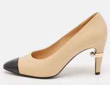 Chanel Lambskin Beige Black Cap Toe Pearl On Heels Pumps 39.5IT 9US Box FREE S/H