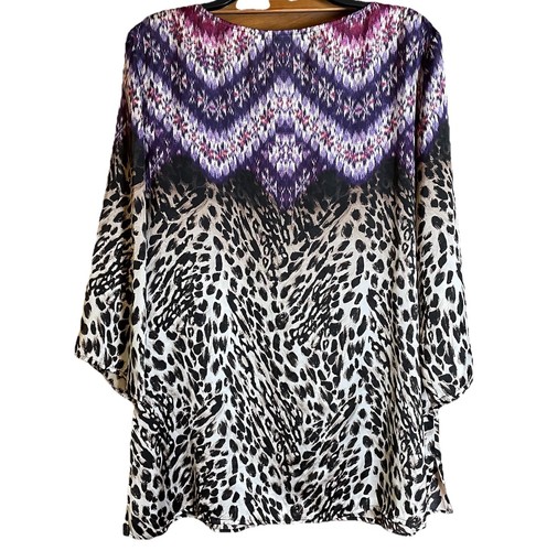 Chicos Women’s Cheetah Animal Print Purple 3/4 Sleeve Top Size Large Resort Boho - Picture 3 of 11