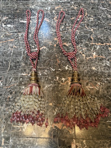 Vintage Red Gold Pink And Clear Beaded Curtain Drape Tassel Tie Backs Large 30"