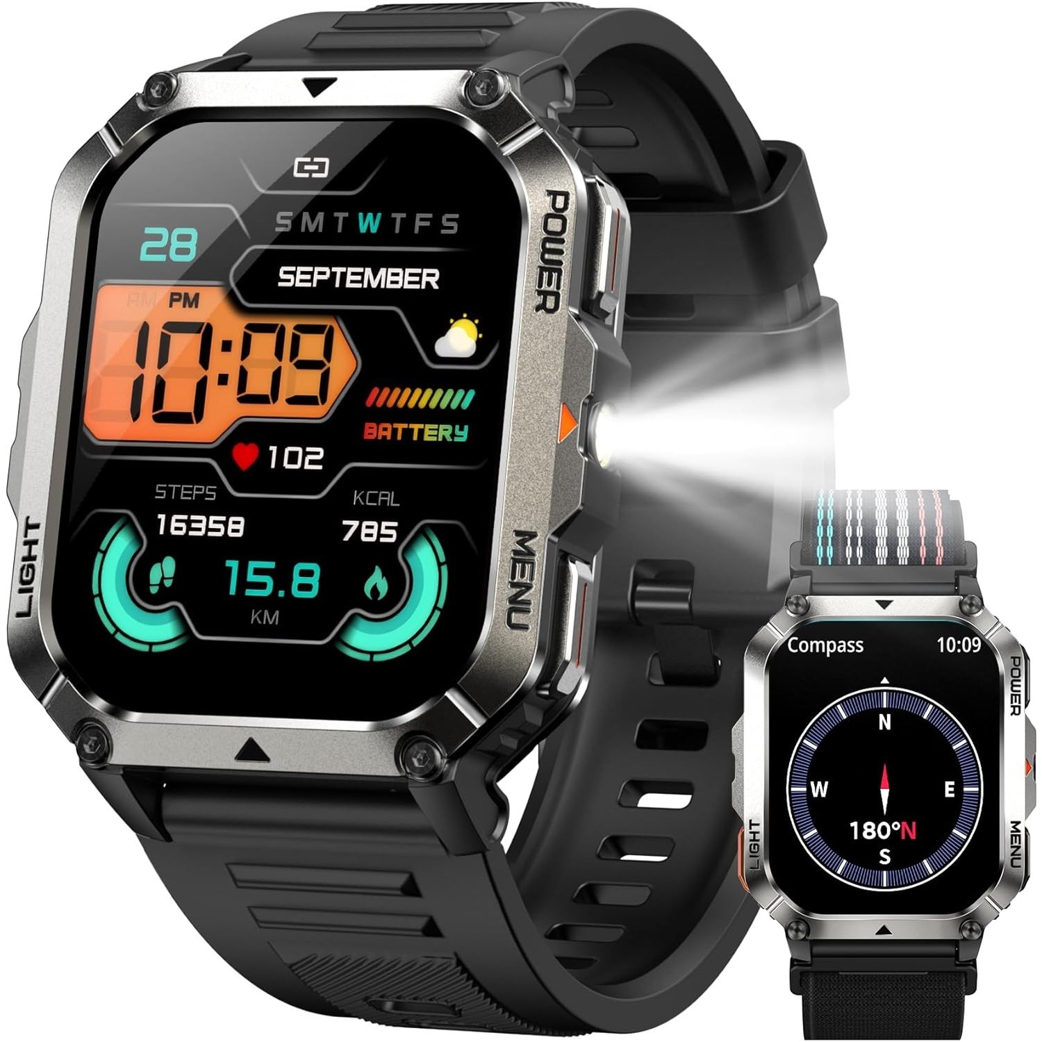 Military Smart Watch Men Bluetooth Call,2.01"HD 900mAh 2 Straps For iOS Android*