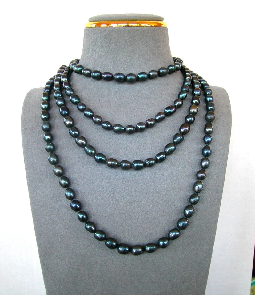 Colar de pérolas de água doce preta em camadas joias 62 polegadas
