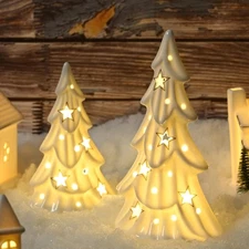 Ceramic White Christmas Trees with Lights, 2Pcs Light Up Tabletop Porcelain C...