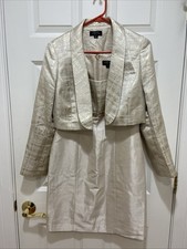 Tahari Ivory Geometric Print Trench Coat Jacket Dress Set Size 4 Career Wedding