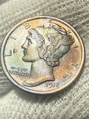 1918-P Mercury Dime Nice BU+ Full Split Bands Strong Strike Toned W/ Die Cud