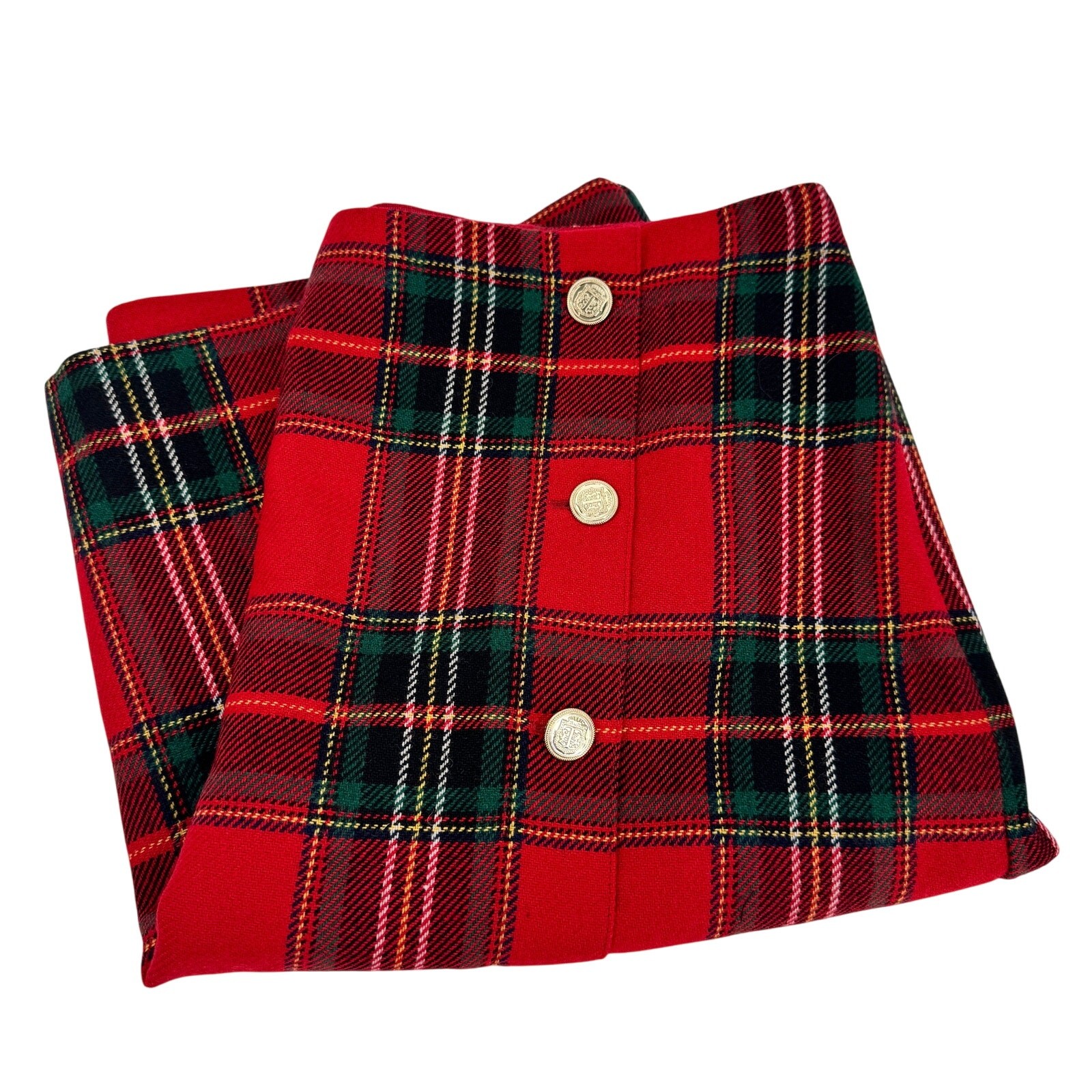 Talbots Womens Size 12 Plaid Skirt with Gold Buttons 34x21 Lined in Red Green
