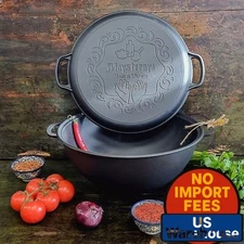 Cast Iron Uzbek Kazan Cauldron with Skillet Lid – Durable Multi-Use Cookware