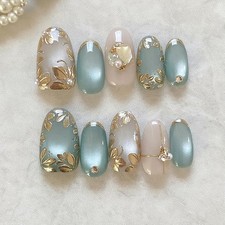 24Pcs Gold Flower Press on Nails Medium Almond Fake 3D with Blue