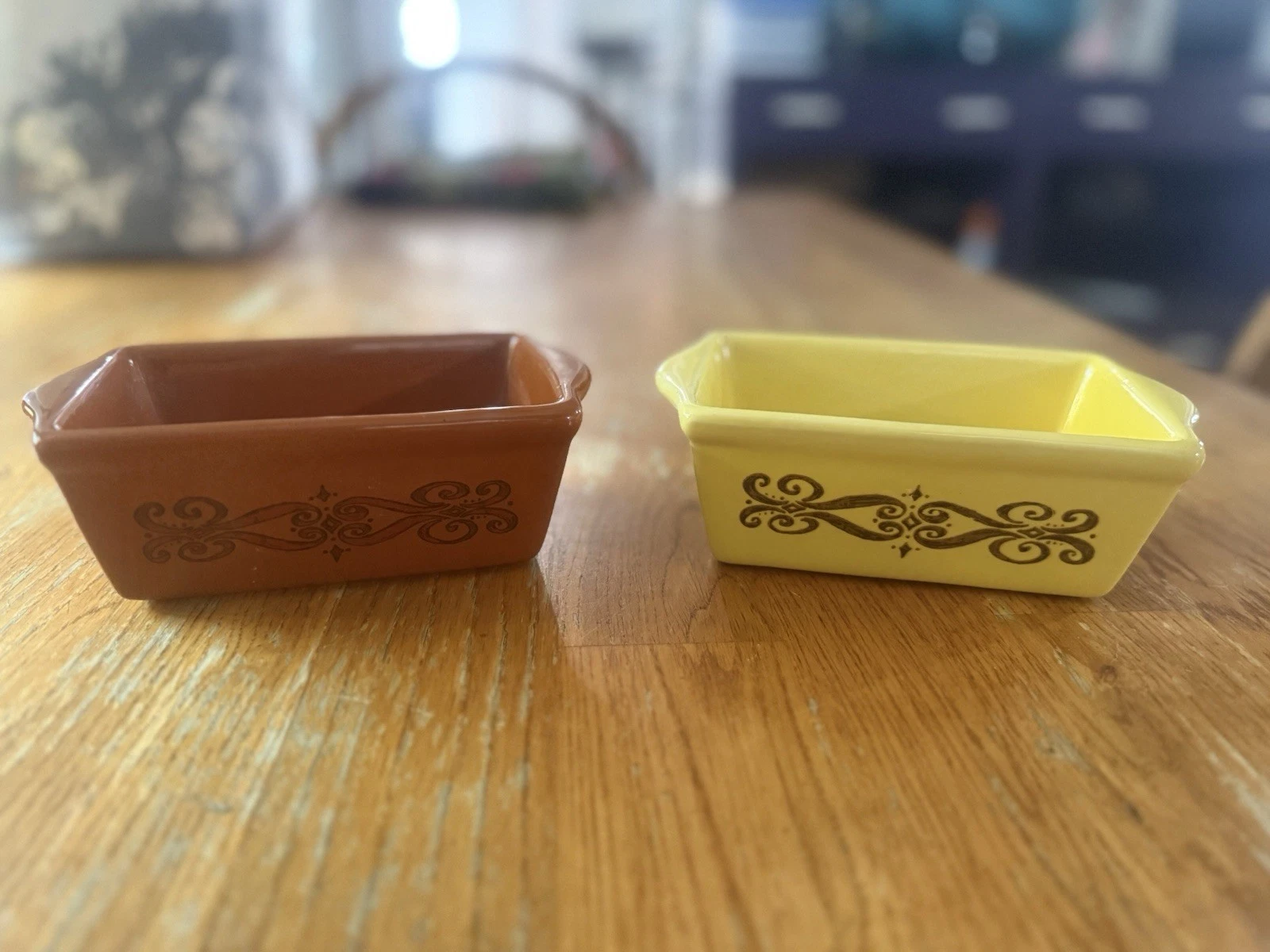 Ceramic Rectangle Loaf Pans Set of 2 Brown Yellow Decorative Pattern 3.5 x 5.5”