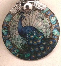 Blue Peacock Round Etched Stained Glass Christmas Ornament Silver Accent 3"