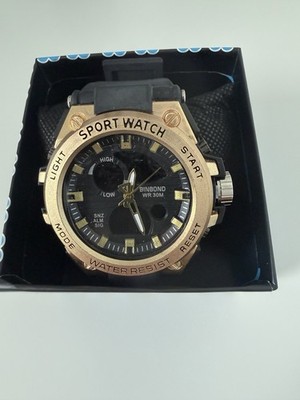 BINBOND Men's Sport Quartz Analog 30m WR Black Dial Gold Case, Box