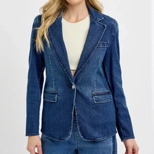 Risen Denim Jacket Blazer Blue Women’s L USA Pockets Casual Button Dark Wash NEW