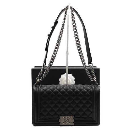 CHANEL Boy Black Medium Flap Silver Chain Shoulder Bag A67086 152888888
