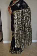Women Designer Sequin Saree with un-stitched Blouse pc tikki Sari Black