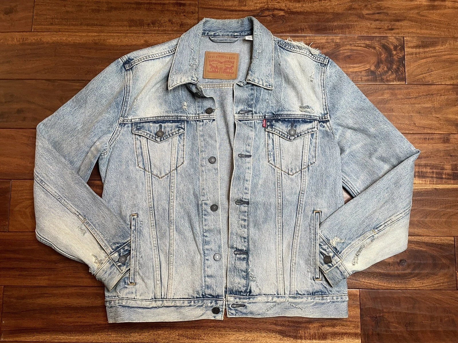 Men's Levis Distressed Denim Jean Trucker Jacket - L Large - Blue - 72334-0164