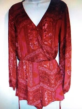 Kendall & Kylie Womens Romper Red Floral Long Sleeve V-neck Boho Size M