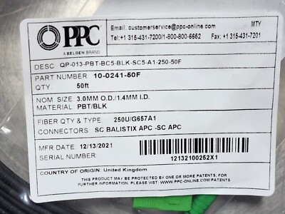 50ft Belden/PPC MiniFlex Optical Fiber Quick-Push Pre-Terminated SC-SC Cable Blk